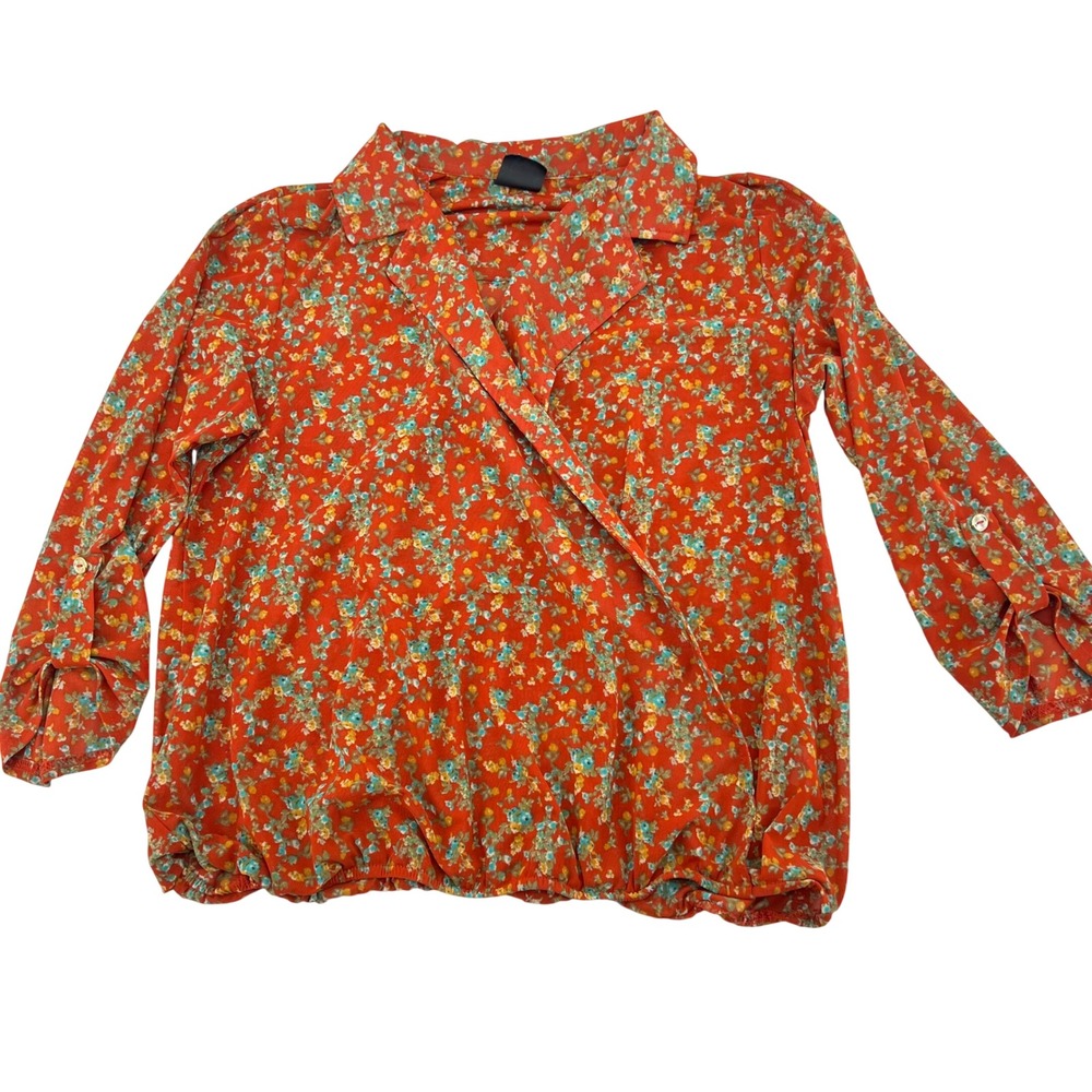 Luna Red Floral Surplice V-Neck Blouse 3/4 Sleeve Bubble Hem Size Medium